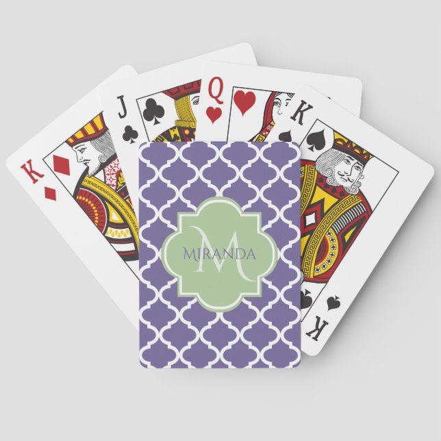Stylish Purple Quatrefoil and Name Green Monogram Playing Cards (Back)