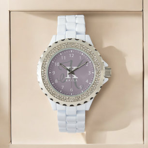Stylish Purple Script Monogram and Name Watch