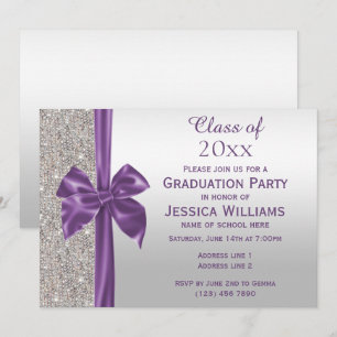 Stylish Purple Silk Bow, Silver Sequins Graduation Invitation