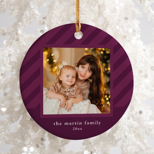 Stylish Purple Stripe Simple Photo Christmas Ceramic Tree Decoration (Creator Uploaded)