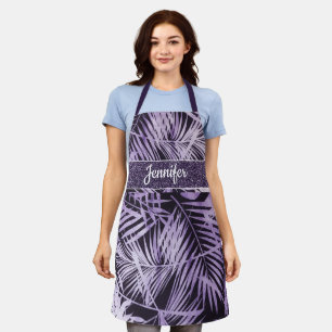 Stylish purple tropical leaves with name apron