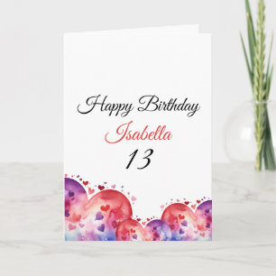 Stylish Purple Watercolor Heart 13th Birthday Card