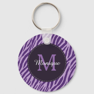 Stylish Purple Zebra Print With Monogram and Name Key Ring