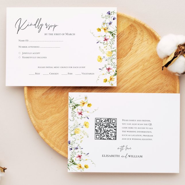 Stylish Qr Code Watercolor Wildflowers Wedding RSV RSVP Card (Creator Uploaded)