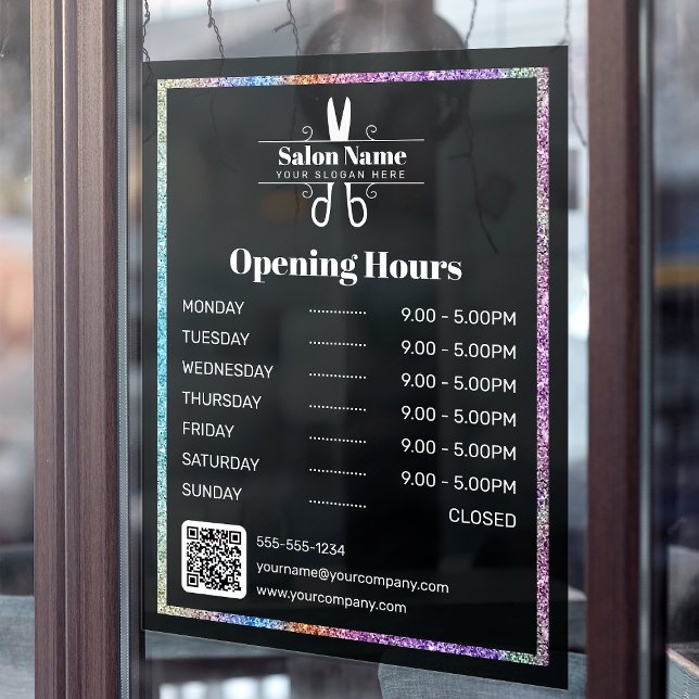 Stylish Rainbow Glitter Hair Salon Opening Hours Window Cling (Creator Uploaded)