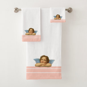 Stylish Raphael Cherub on coral pink Stripes Bath Towel Set