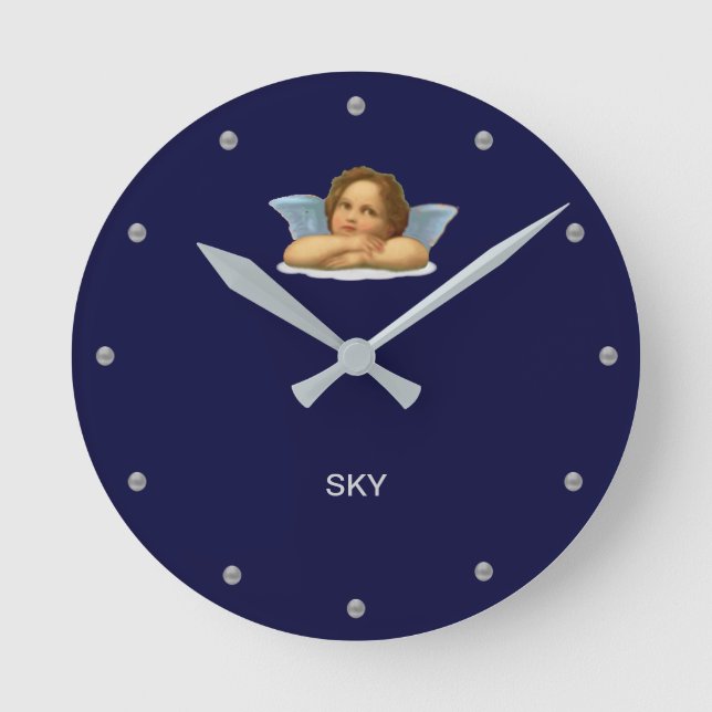 Stylish Raphael Cherub on Navy Blue Round Clock (Front)