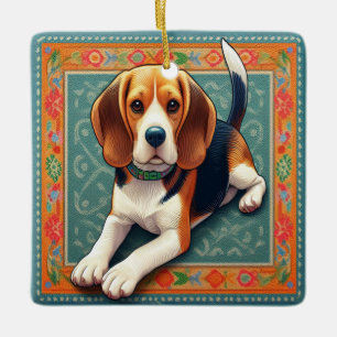 Stylish Realistic 3D Beagle Dog Colourful Border Ceramic Ornament