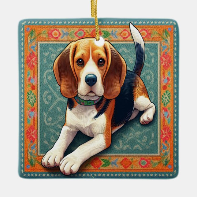 Stylish Realistic 3D Beagle Dog Colourful Border Ceramic Ornament (Front)