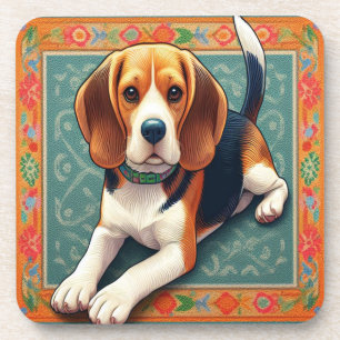 Stylish Realistic 3D Beagle Dog Colourful Border Coaster