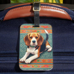 Stylish Realistic 3D Beagle Dog Colourful Border Luggage Tag