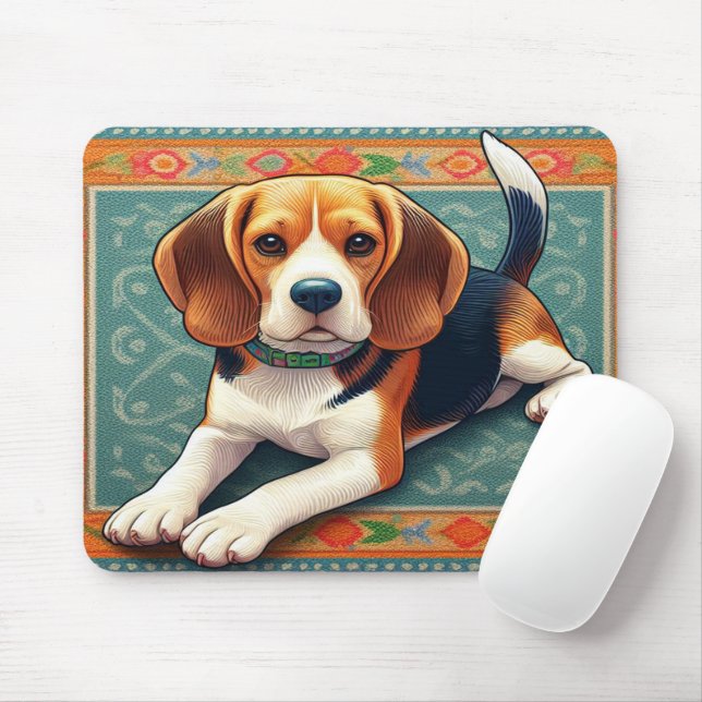 Stylish Realistic 3D Beagle Dog Colourful Border Mouse Mat (With Mouse)
