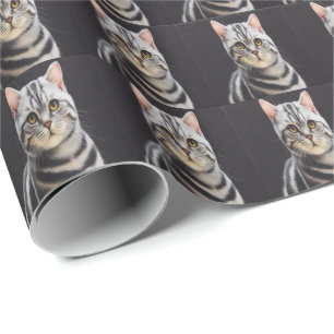 Stylish Realistic American shorthair Cat Black Wrapping Paper