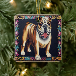 Stylish Realistic Bulldog with A Colourful Frame Ceramic Ornament