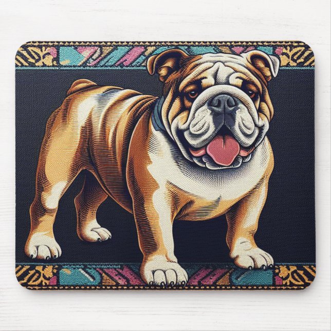 Stylish Realistic Bulldog with A Colourful Frame Mouse Mat (Front)