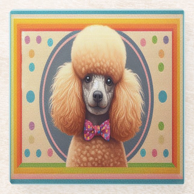 Stylish Realistic Cute Poodle Dog Colourful Border Glass Coaster (Front)