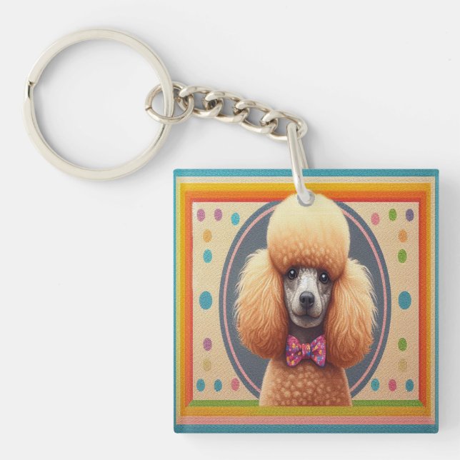 Stylish Realistic Cute Poodle Dog Colourful Border Key Ring (Front)