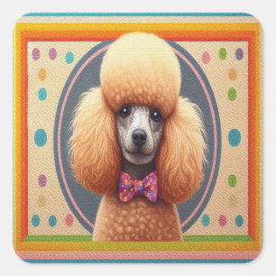 Stylish Realistic Cute Poodle Dog Colourful Border Square Sticker