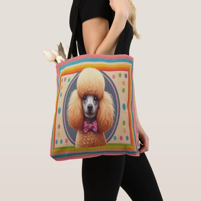 Stylish Realistic Cute Poodle Dog Colourful Border Tote Bag (Close Up)
