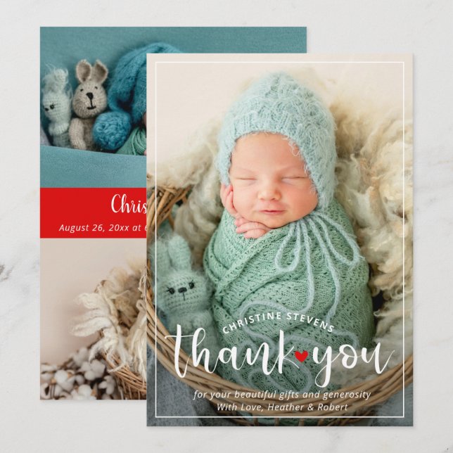Stylish Red 3 Photo Thank You Birth Announcement (Front/Back)