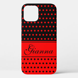 Stylish Red and Black Polka Dots, Custom Name iPhone 12 Case