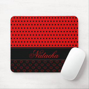 Stylish Red And Black Polka Dots Custom Name Mouse Mat
