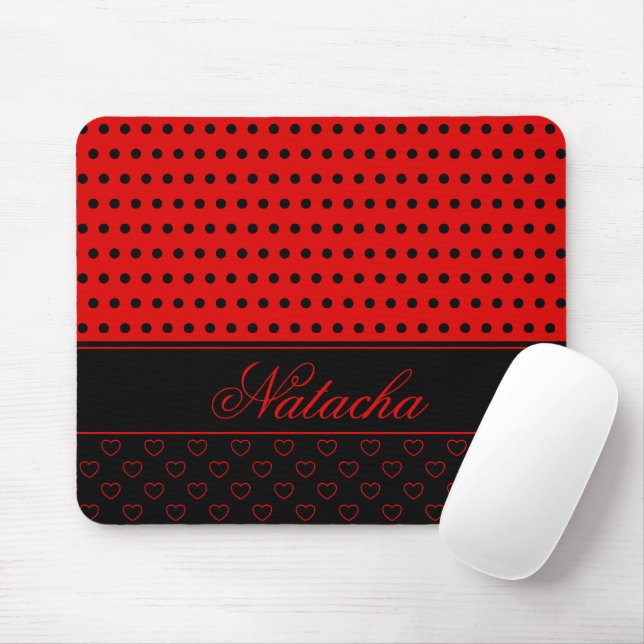 Stylish Red And Black Polka Dots Custom Name Mouse Mat (With Mouse)