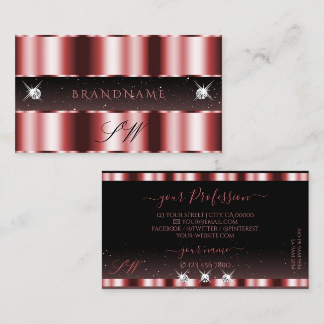 Stylish Red and Black Sparkling Diamonds Monogram Business Card (Front/Back)