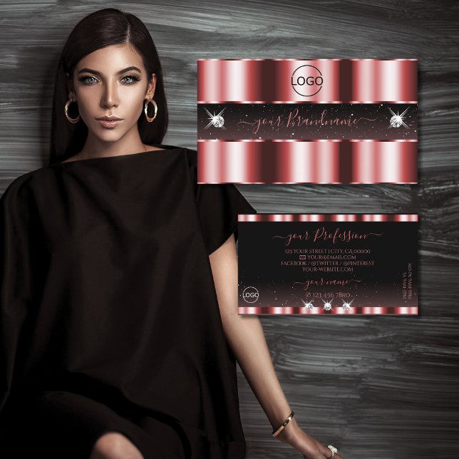Stylish Red and Black Sparkling Diamonds with Logo Business Card (Creator Uploaded)