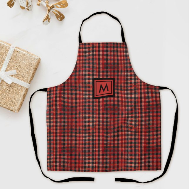 Stylish Red And Black Tartan Pattern And Monogram Apron (Creator Uploaded)