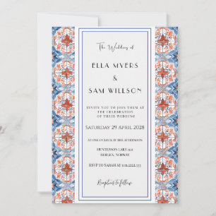 Stylish Red And Blue Pattern Tile Wedding Invitation