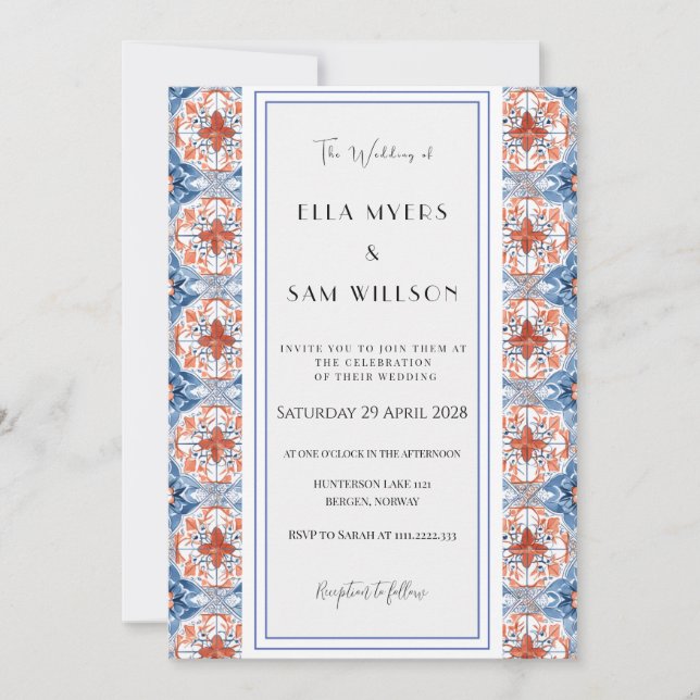 Stylish Red And Blue Pattern Tile Wedding Invitation (Front)