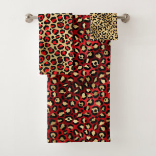 Stylish Red and Gold Foil Leopard Spots Bath Towel Set