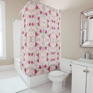 Stylish red and purple floral print on blush pink shower curtain