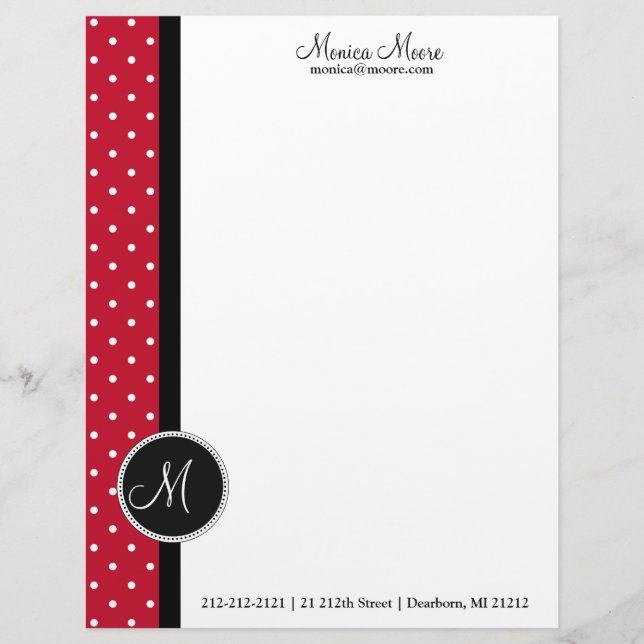 Stylish Red and White Dots/Monogram Letterhead (Front)