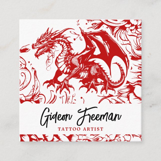 Stylish Red and White Dragon Floral Tattoo Artist Square Business Card (Front)