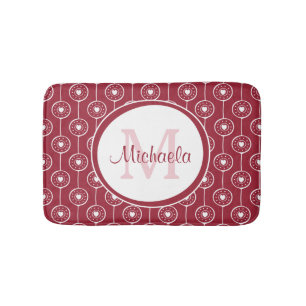 Stylish Red and White Hearts Monogram With Name Bath Mat