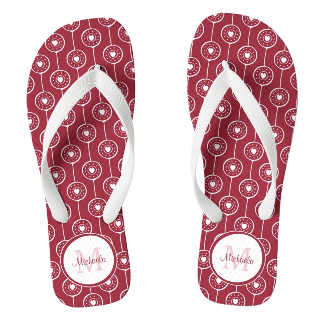 Stylish Red and White Hearts Monogram With Name Flip Flops (Footbed)