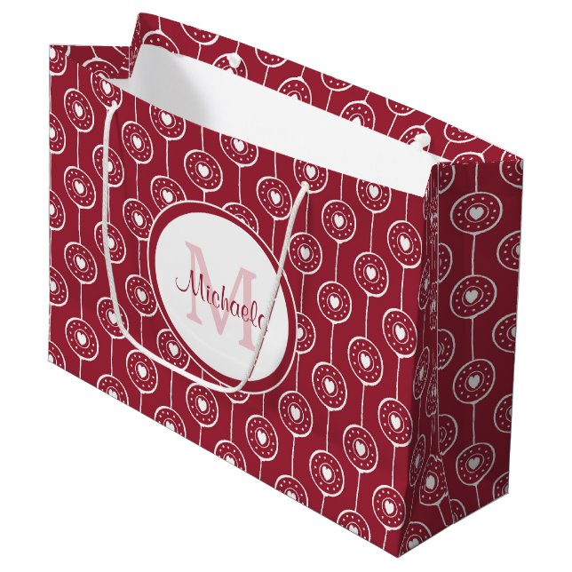 Stylish Red and White Hearts Monogram With Name Large Gift Bag (Front Angled)