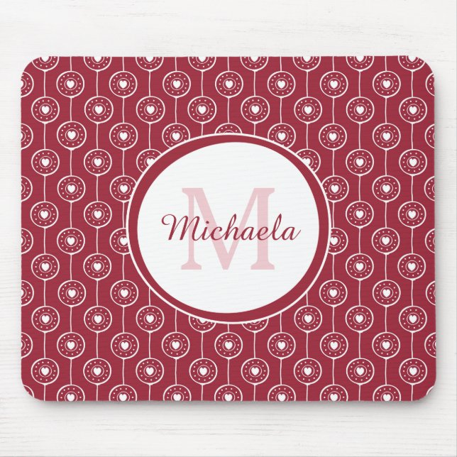 Stylish Red and White Hearts Monogram With Name Mouse Mat (Front)