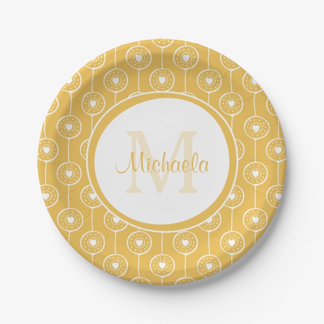 Stylish Red and White Hearts Monogram With Name Paper Plate (Front)