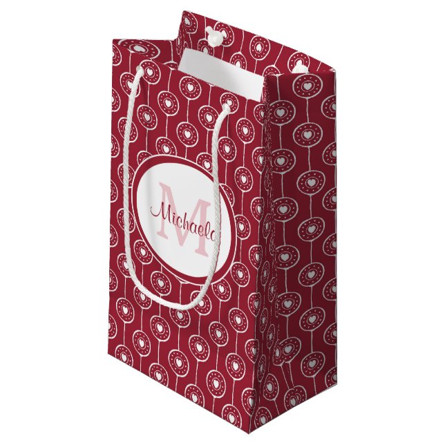Stylish Red and White Hearts Monogram With Name Small Gift Bag (Front Angled)