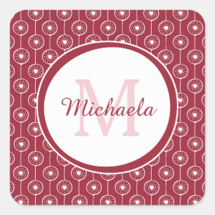 Stylish Red and White Hearts Monogram With Name Square Sticker
