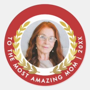 Stylish Red And White With Gold Wreath Award Photo Classic Round Sticker