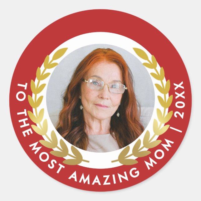 Stylish Red And White With Gold Wreath Award Photo Classic Round Sticker (Front)