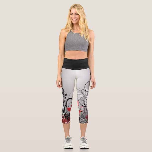 Stylish Red Black and Grey Leaf Design  Capri Leggings (Front)