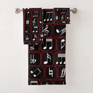 Stylish Red Black and White Geometric Music Notes Bath Towel Set