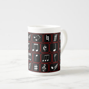 Stylish Red Black and White Geometric Music Notes Bone China Mug