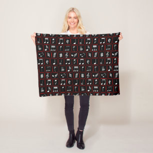 Stylish Red Black and White Geometric Music Notes Fleece Blanket