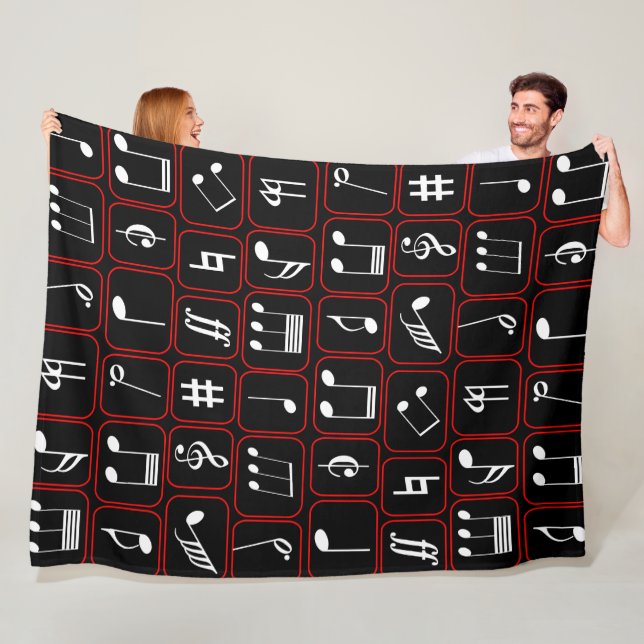 Stylish Red Black and White Geometric Music Notes Fleece Blanket (In Situ)
